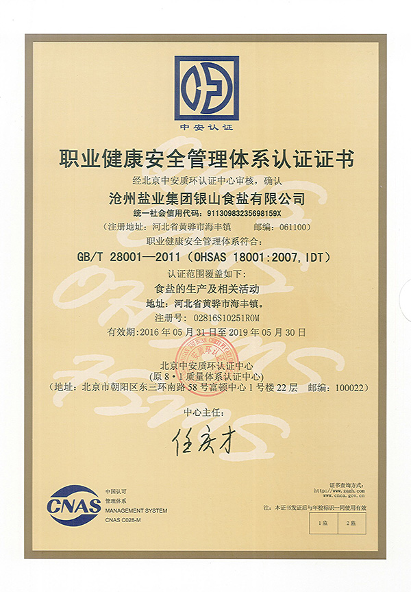 銀山食鹽職業(yè)健康安全管理體系認證
